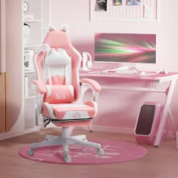 Silla Gamer Reclinable con Altura Ajustable Reposapiés Retráctil Soporte Lumbar y Reposacabezas Desmontable Rosa - Ogal.Es