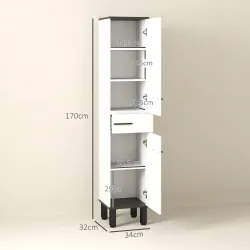 Armario Alto de Baño con Cajón 2 Puertas y Estantes Ajustable Mueble Auxiliar de Baño Anti-vuelco 34x32x170 cm B... - Ogal.Es