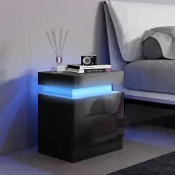 Mesilla de Noche con Luces LED 2 Cajones y Control de APP Mesa de Noche para Dormitorio Salón 45x35x52 cm Negro - Ogal.Es