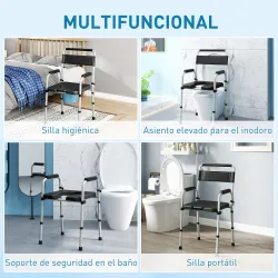 Silla con Inodoro Plegable con Altura Ajustable Cubo y Almohadillas Antideslizantes Carga 150 kg Negro - Ogal.Es