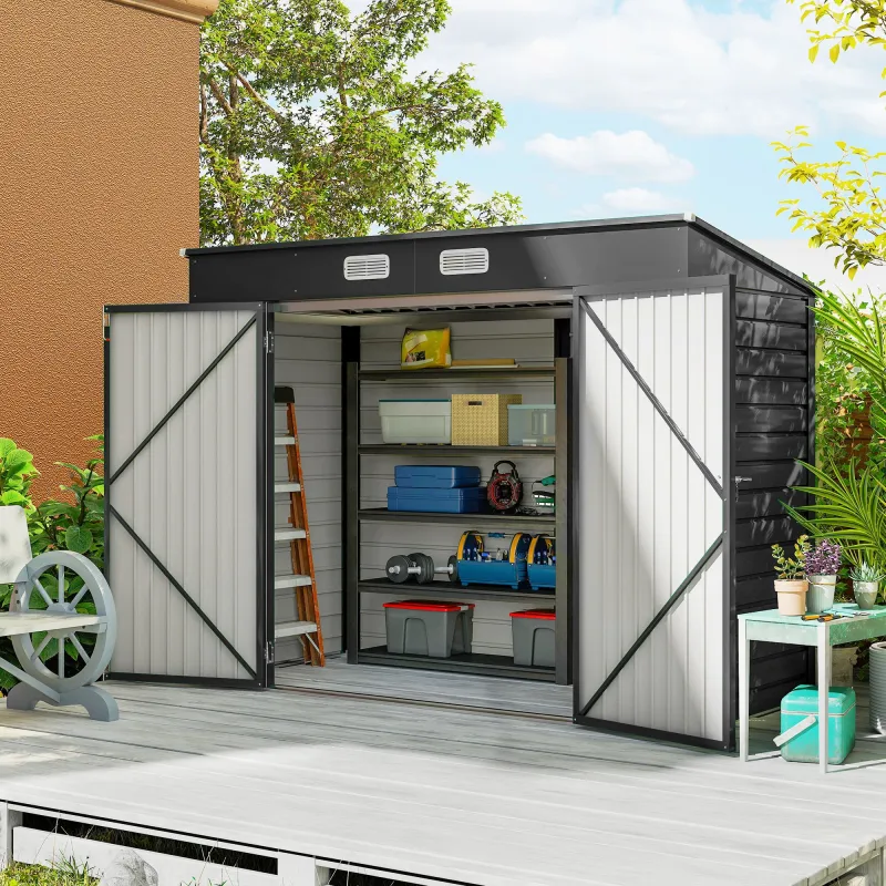 Caseta de Jardín Exterior 2,7m² 249x121x183 cm con Doble Puerta 2 Ventilaciones y Pestillo Gris - Ogal.Es