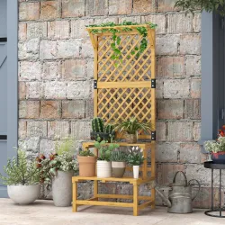 Soporte para Plantas de Madera Estantería para Plantas de 2 Niveles con Enrejado para Jardín Patio Terraza Natural - Ogal.Es