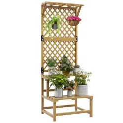Soporte para Plantas de Madera Estantería para Plantas de 2 Niveles con Enrejado para Jardín Patio Terraza Natural - Ogal.Es