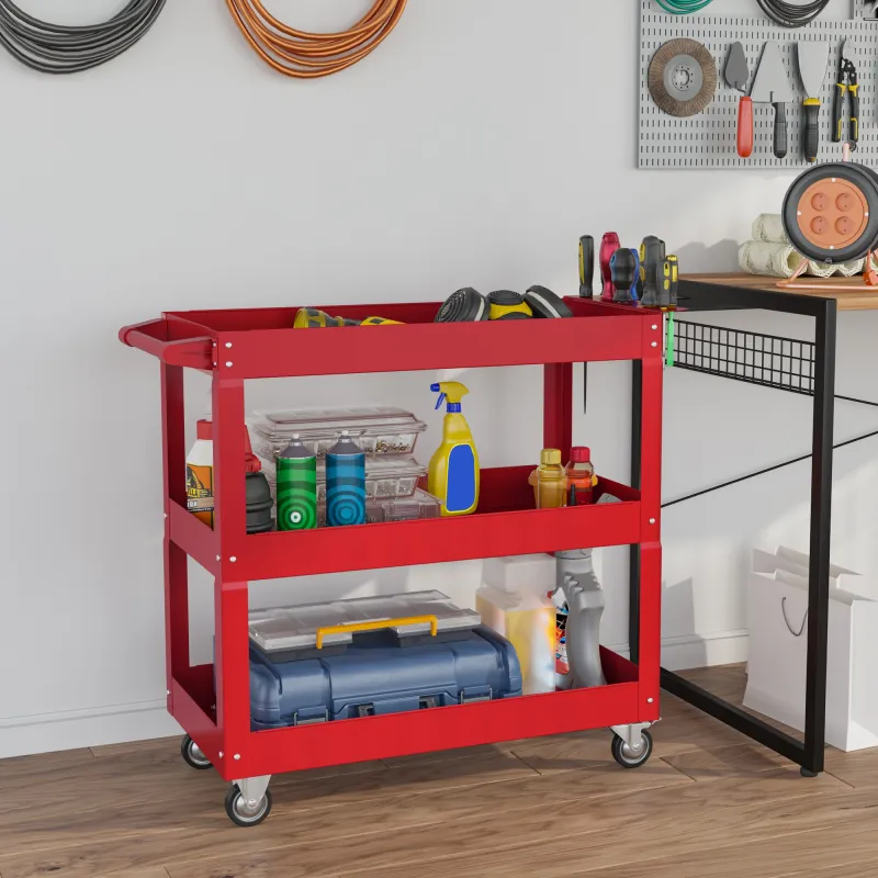 Carro de Taller de Acero con 3 Estantes de Almacenamiento y Asa Lateral Carga 150 kg 83x35,3x76 cm Rojo - Ogal.Es