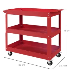 Carro de Taller de Acero con 3 Estantes de Almacenamiento y Asa Lateral Carga 150 kg 83x35,3x76 cm Rojo - Ogal.Es
