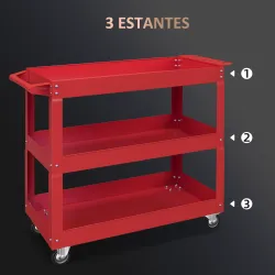 Carro de Taller de Acero con 3 Estantes de Almacenamiento y Asa Lateral Carga 150 kg 83x35,3x76 cm Rojo - Ogal.Es