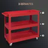 Carro de Taller de Acero con 3 Estantes de Almacenamiento y Asa Lateral Carga 150 kg 83x35,3x76 cm Rojo - Ogal.Es
