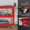 Carro de Taller de Acero con 3 Estantes de Almacenamiento y Asa Lateral Carga 150 kg 83x35,3x76 cm Rojo - Ogal.Es
