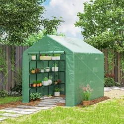 Invernadero de Exterior con Estantes de 4 Niveles Puerta con Cremallera y Marco de Acero 244x180x210 cm Verde - Ogal.Es
