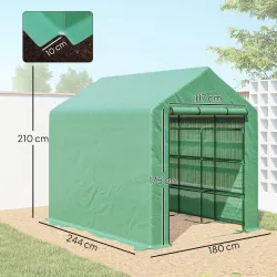 Invernadero de Exterior con Estantes de 4 Niveles Puerta con Cremallera y Marco de Acero 244x180x210 cm Verde - Ogal.Es