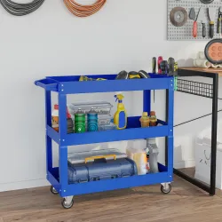 Carro de Taller de Acero con 3 Estantes de Almacenamiento y Asa Lateral Carga 150 kg 83x35,3x76 cm Azul - Ogal.Es