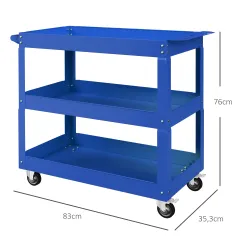 Carro de Taller de Acero con 3 Estantes de Almacenamiento y Asa Lateral Carga 150 kg 83x35,3x76 cm Azul - Ogal.Es