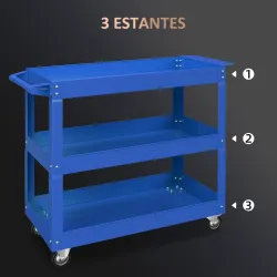 Carro de Taller de Acero con 3 Estantes de Almacenamiento y Asa Lateral Carga 150 kg 83x35,3x76 cm Azul - Ogal.Es