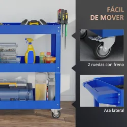 Carro de Taller de Acero con 3 Estantes de Almacenamiento y Asa Lateral Carga 150 kg 83x35,3x76 cm Azul - Ogal.Es