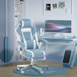 Silla Gamer Reclinable con Altura Ajustable Reposapiés Retráctil Soporte Lumbar y Reposacabezas Desmontable Azul - Ogal.Es