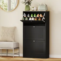 Mueble Zapatero Moderno con 3 Cajones Abatibles y Estantes Ajustables para 18 Pares de Zapatos 60x23,5x115 cm Negro - Ogal.Es