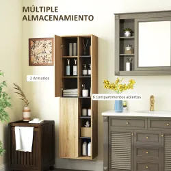 Columna de Baño de Pared Armario de Baño con Compartimentos Abiertos y 2 Puertas 40x24x141,5 cm Natural - Ogal.Es