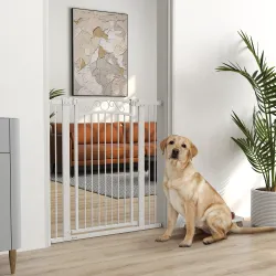 Puerta para Perros con Ancho Ajustable 76-104 cm Barrera de Seguridad con 2 Extensiones y Doble Bloqueo Blanco - Ogal.Es