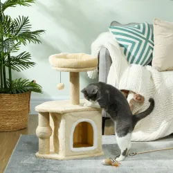 Árbol para Gatos Altura 66 cm Torre para Gatos con Cama Cueva Plataforma Bola Colgante y Poste de Yute Beige - Ogal.Es