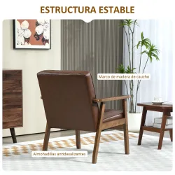 Butaca de Salón Tapizada en PU con Reposabrazos y Marco de Madera de Caucho Carga 120 kg Marrón - Ogal.Es