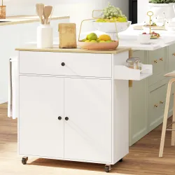 Isla de Cocina con Ala Abatible 2 Puertas Cajón Especiero Toallero y Estante Ajustable 106x42x87 cm Blanco y Roble - Ogal.Es