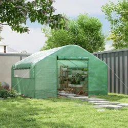 Invernadero de Túnel 4x3x2 m con 2 Ventanas Cubierta de PE Anti-UV y 1 Puerta Enrollable con Cremallera Verde - Ogal.Es