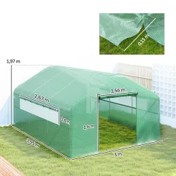 Invernadero de Túnel 4x3x2 m con 2 Ventanas Cubierta de PE Anti-UV y 1 Puerta Enrollable con Cremallera Verde - Ogal.Es