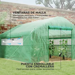 Invernadero de Túnel 4x3x2 m con 2 Ventanas Cubierta de PE Anti-UV y 1 Puerta Enrollable con Cremallera Verde - Ogal.Es