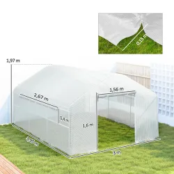Invernadero de Túnel 4x3x2 m con 2 Ventanas Cubierta de PE Anti-UV y 1 Puerta Enrollable con Cremallera Blanco - Ogal.Es