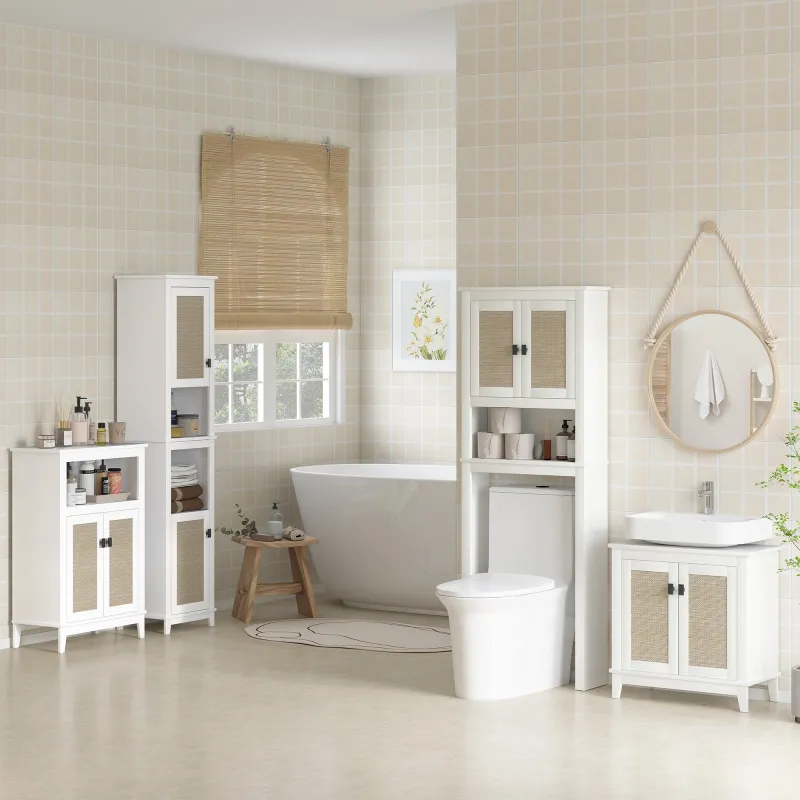 Mueble sobre Inodoro con 2 Puertas con Frontal de Ratán Compartimento y Estante Ajustable 60x19,5x160 cm Blanco - Ogal.Es