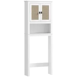 Mueble sobre Inodoro con 2 Puertas con Frontal de Ratán Compartimento y Estante Ajustable 60x19,5x160 cm Blanco - Ogal.Es