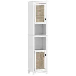 Columna de Baño con Estantes Ajustables 2 Puertas con Frontal de Ratán y 2 Compartimentos 40x30x167,5 cm Blanco - Ogal.Es