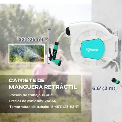 Manguera Retráctil de Pared con Carrete de 25+2 m con Bloqueo Retorno Automático y Boquilla de 7 Funciones y Gir... - Ogal.Es