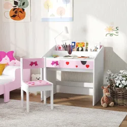 Juego de Escritorio y Silla para Niños de +3 Años con Cajón Extraíble y Compartimento Rosa y Blanco - Ogal.Es