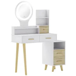 Tocador con Espejo y Luces LED Ajustables con 5 Cajones 4 Compartimentos y 1 Estante 100x44x137 cm Blanco y Natural - Ogal.Es