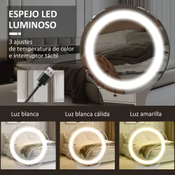 Tocador con Espejo y Luces LED Ajustables con 5 Cajones 4 Compartimentos y 1 Estante 100x44x137 cm Blanco y Natural - Ogal.Es