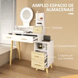 Tocador con Espejo y Luces LED Ajustables con 5 Cajones 4 Compartimentos y 1 Estante 100x44x137 cm Blanco y Natural - Ogal.Es