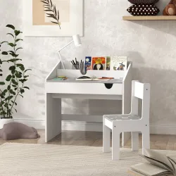 Juego de Escritorio y Silla para Niños de +3 Años con Cajón Extraíble y Compartimento Gris y Blanco - Ogal.Es
