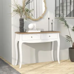 Mesa de Consola con 2 Cajones Estilo Francés para Pasillo Dormitorio Salón 100x35x76,5 cm Blanco y Marrón Oscuro - Ogal.Es