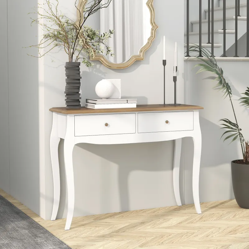 Mesa de Consola con 2 Cajones Estilo Francés para Pasillo Dormitorio Salón 100x35x76,5 cm Blanco y Marrón Oscuro - Ogal.Es