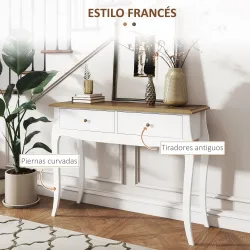 Mesa de Consola con 2 Cajones Estilo Francés para Pasillo Dormitorio Salón 100x35x76,5 cm Blanco y Marrón Oscuro - Ogal.Es