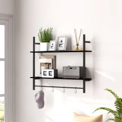 Estante de Pared de 2 Niveles Estante Flotante con 4 Ganchos 2 Estantes y Marco de Acero 80x24x65 cm Negro - Ogal.Es