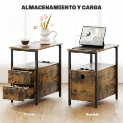 Mesa Auxiliar con Estación de Carga y Toma de Corriente Mesita de Noche con Cajones y Estantería Abierta Marrón ... - Ogal.Es