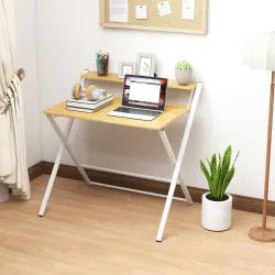 Escritorio Plegable con Estante Abierto Escritorio Pequeño para Estudio Hogar Oficina 86x66x82 cm Natural - Ogal.Es