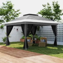 Cenador Plegable 3,6x3,6 m con Laterales de Malla UPF50+ Altura Ajustable Bolsa con Ruedas y Bolsas de Arena Gris - Ogal.Es