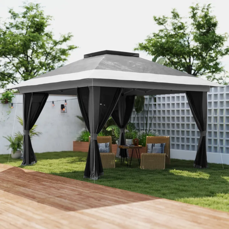 Cenador Plegable 3,6x3,6 m con Laterales de Malla UPF50+ Altura Ajustable Bolsa con Ruedas y Bolsas de Arena Gris - Ogal.Es