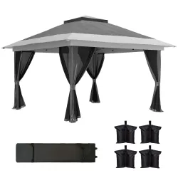 Cenador Plegable 3,6x3,6 m con Laterales de Malla UPF50+ Altura Ajustable Bolsa con Ruedas y Bolsas de Arena Gris - Ogal.Es
