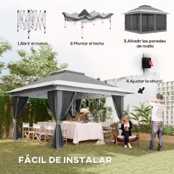Cenador Plegable 3,6x3,6 m con Laterales de Malla UPF50+ Altura Ajustable Bolsa con Ruedas y Bolsas de Arena Gris - Ogal.Es