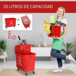 Cubo de Fregar 20L con Ruedas y Escurridor Cubo para Fregona con Separador de Agua 60x27x70,5 cm Rojo - Ogal.Es