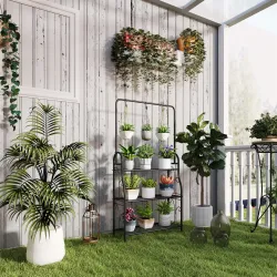 Estantería para Plantas de 3 Niveles con Ganchos de Metal Barra para Colgar para Interior y Exterior Negro - Ogal.Es